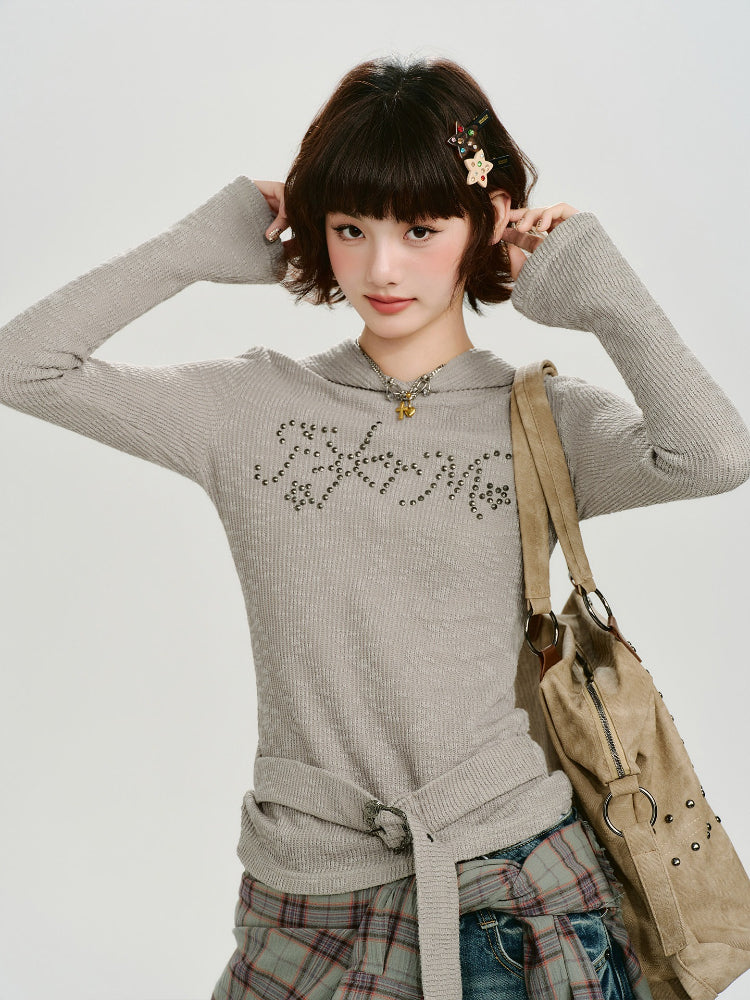 Vintage Rhinestone Hooded Knit Top Oatmeal Grey