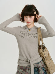 Vintage Rhinestone Hooded Knit Top Oatmeal Grey