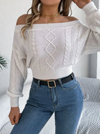 Khaki Off-Shoulder Cable Knit Sweater - View 13 | TEVQA
