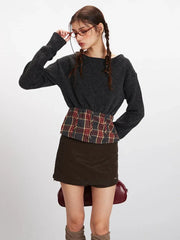 Vintage Plaid Spliced Knit Sweater - TEVQA