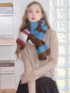 Blue Brown Striped Soft Chunky Knit Scarf