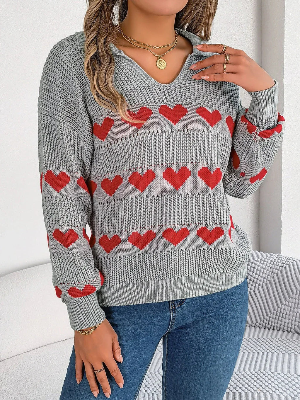 Collared Heart Print Knit Sweater - View 8 | TEVQA