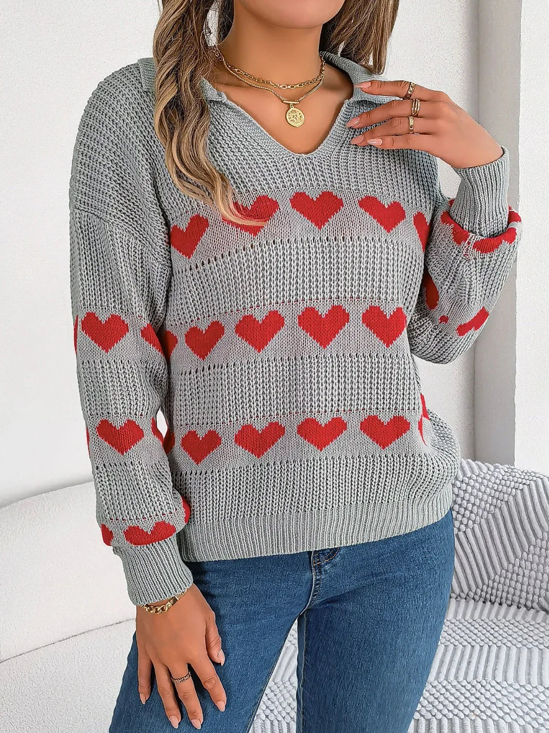 Collared Heart Print Knit Sweater - View 8 | TEVQA