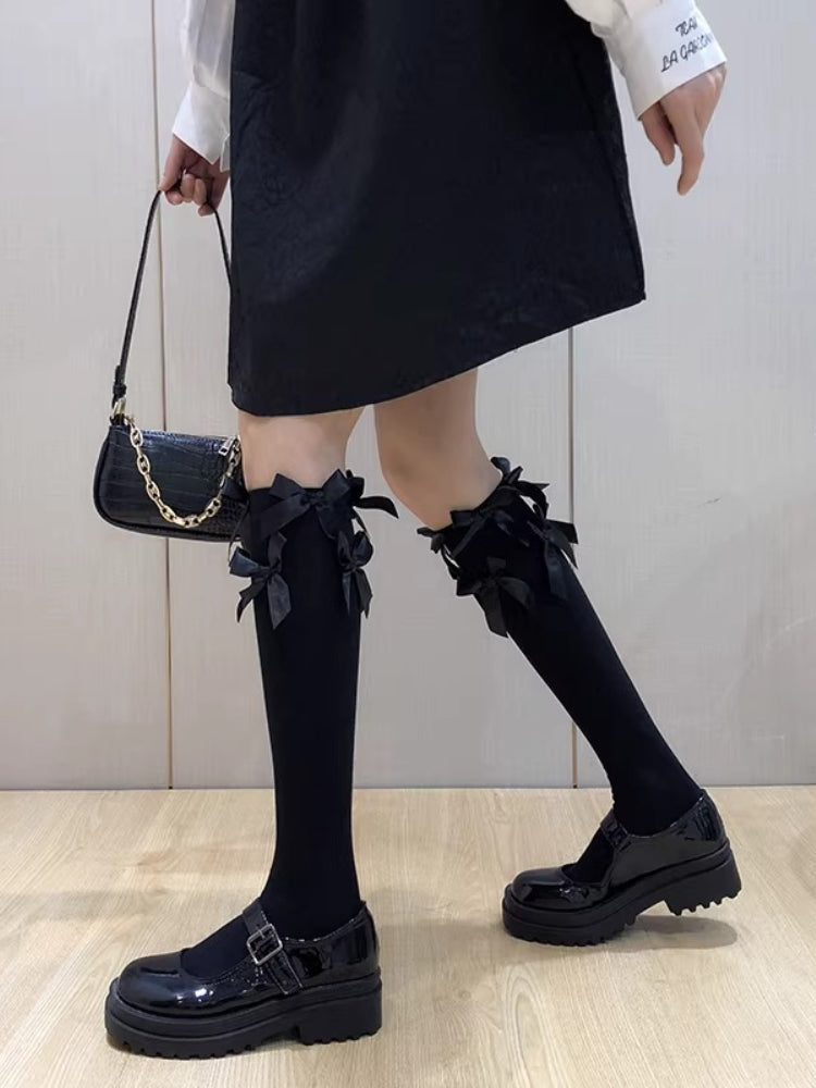 Black Triple Ribbon Bow Knee High Socks Coquette JK