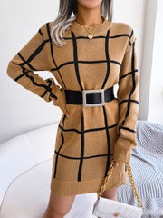 Green Windowpane Plaid Knit Sweater Dress