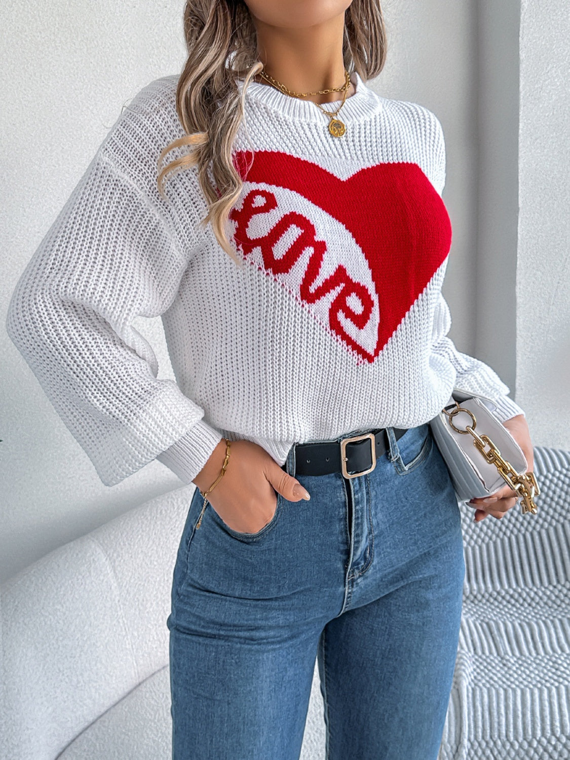 Romantic Pink Heart LOVE Knit Sweater