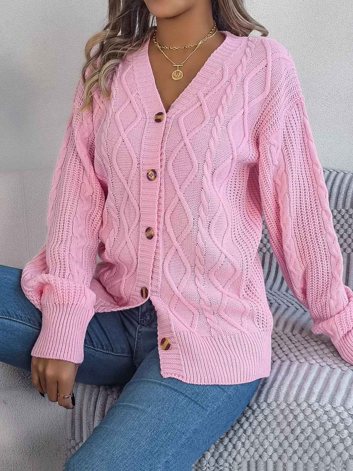Pink Cable Knit Button Down Cardigan