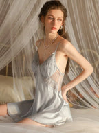 Embroidered Sheer Lace Satin Slip Dress - TEVQA