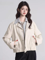 Layered Look Faux Leather Jacket Light Blue