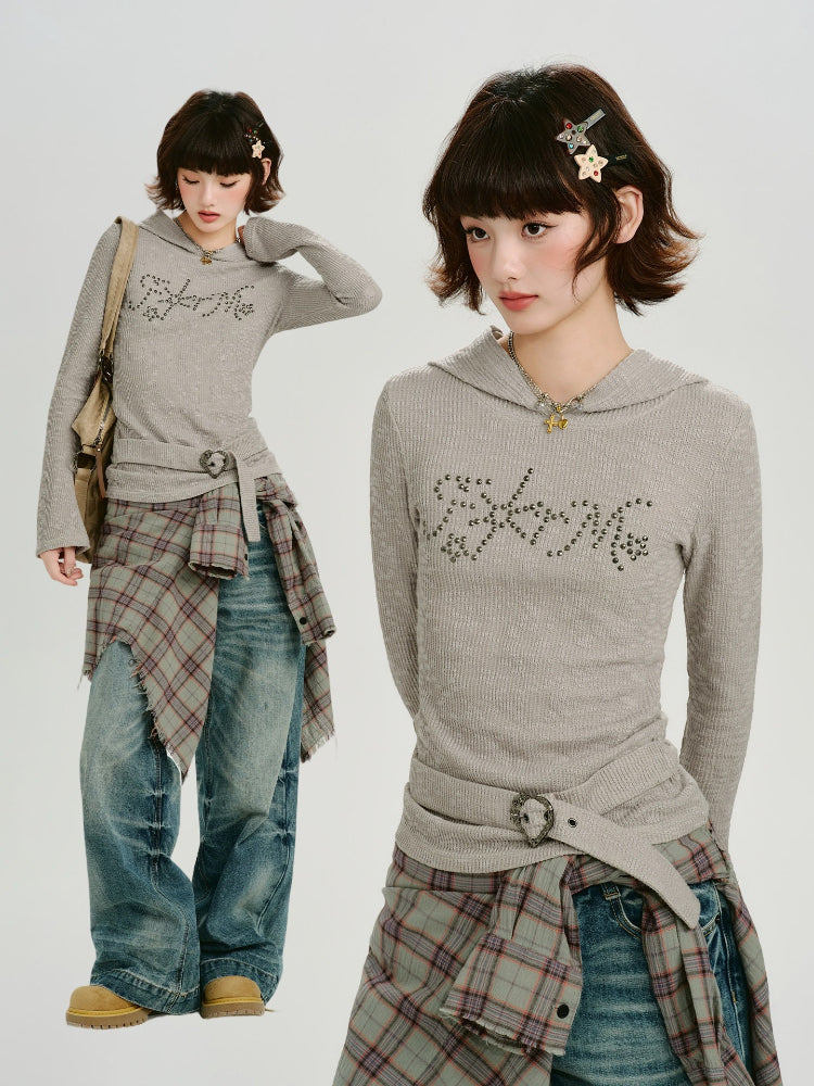Vintage Rhinestone Hooded Knit Top Oatmeal Grey
