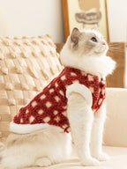 A fluffy white cat with blue eyes sits on a couch, looking to the right. The cat is wearing a red and white patterned fleece vest with white trim.