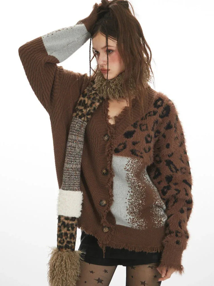 Y2K Grunge Leopard Patchwork Cardigan - TEVQA
