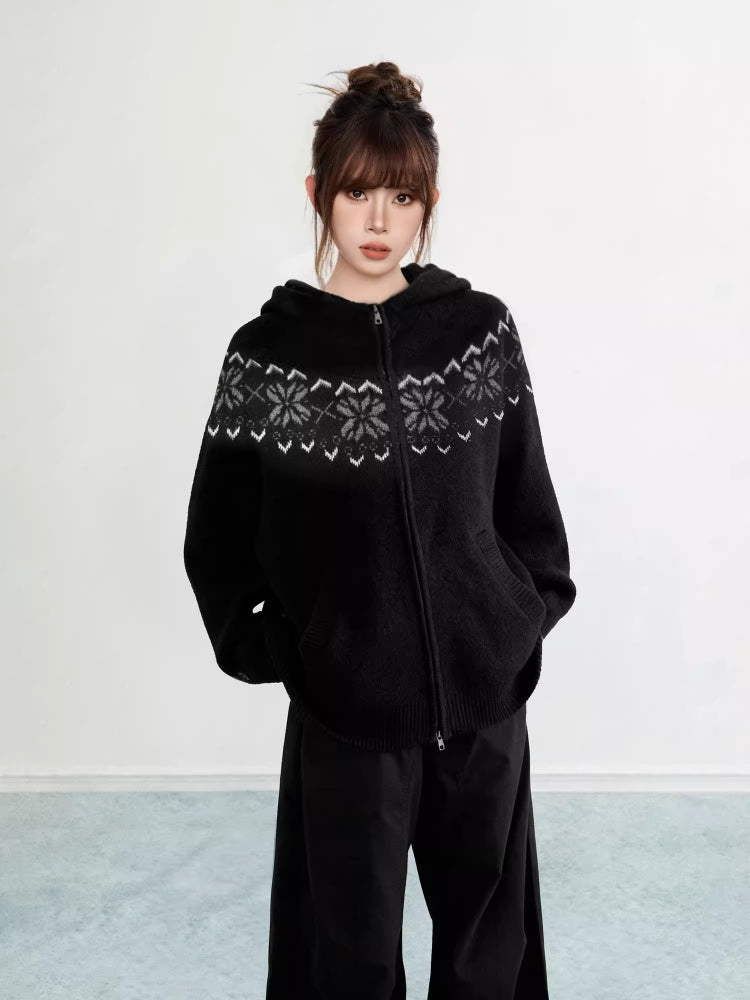 Black Fair Isle Hooded Zip Knit Cardigan Snowflake Pattern