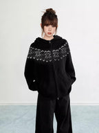 Black Fair Isle Hooded Zip Knit Cardigan Snowflake Pattern