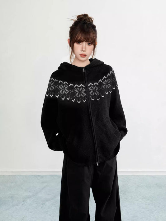 Black Fair Isle Hooded Zip Knit Cardigan Snowflake Pattern