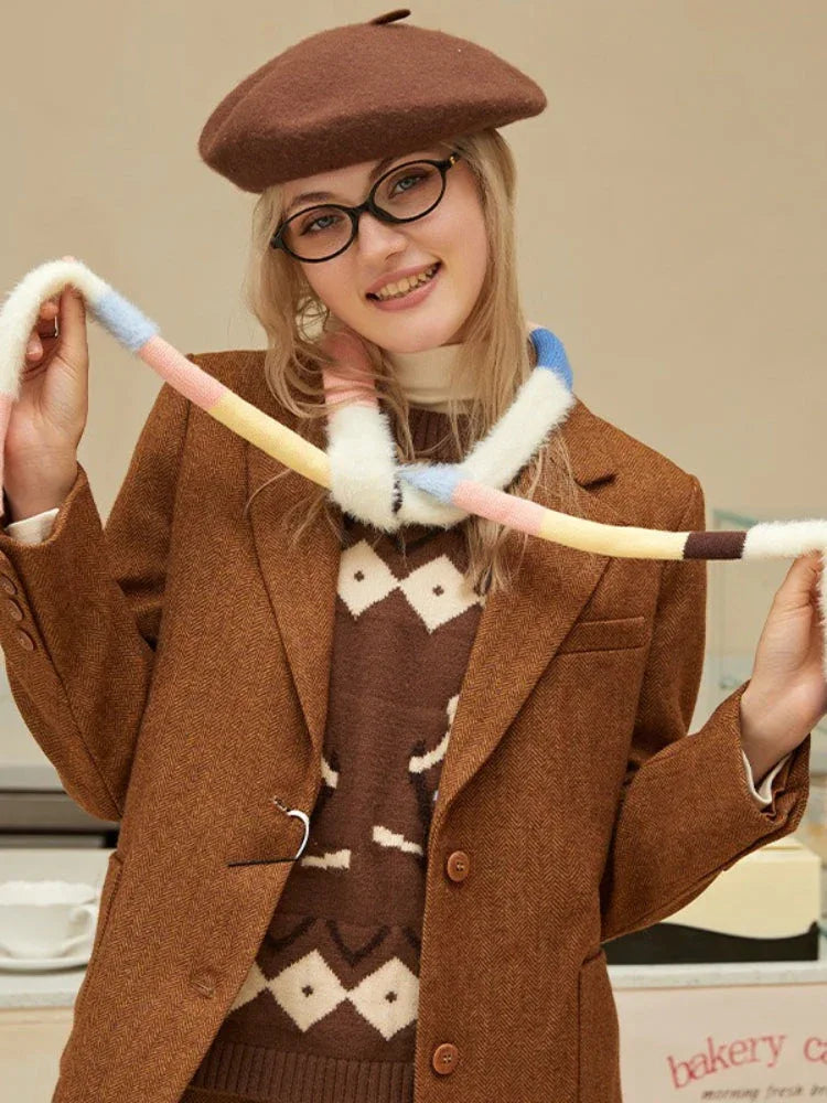 Woman in a brown tweed blazer and argyle sweater, holding a colorful fuzzy scarf.