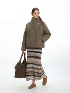 Vintage Olive Asymmetric Stand Collar Padded Jacket - TEVQA