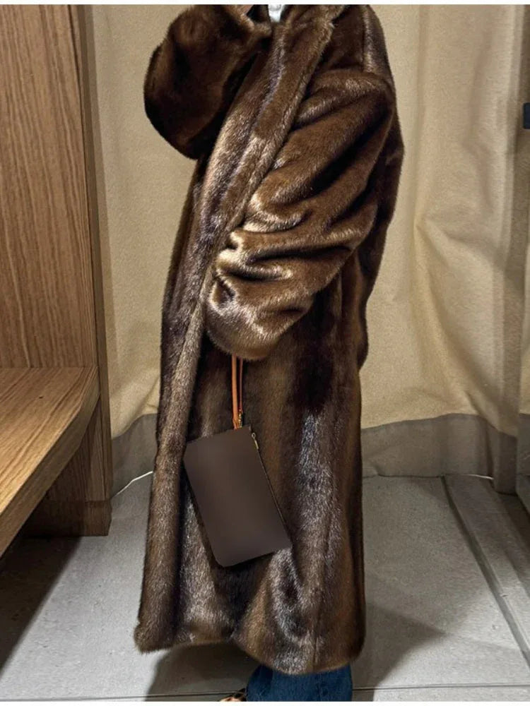 Vintage Dark Brown Faux Sable Maxi Coat - TEVQA