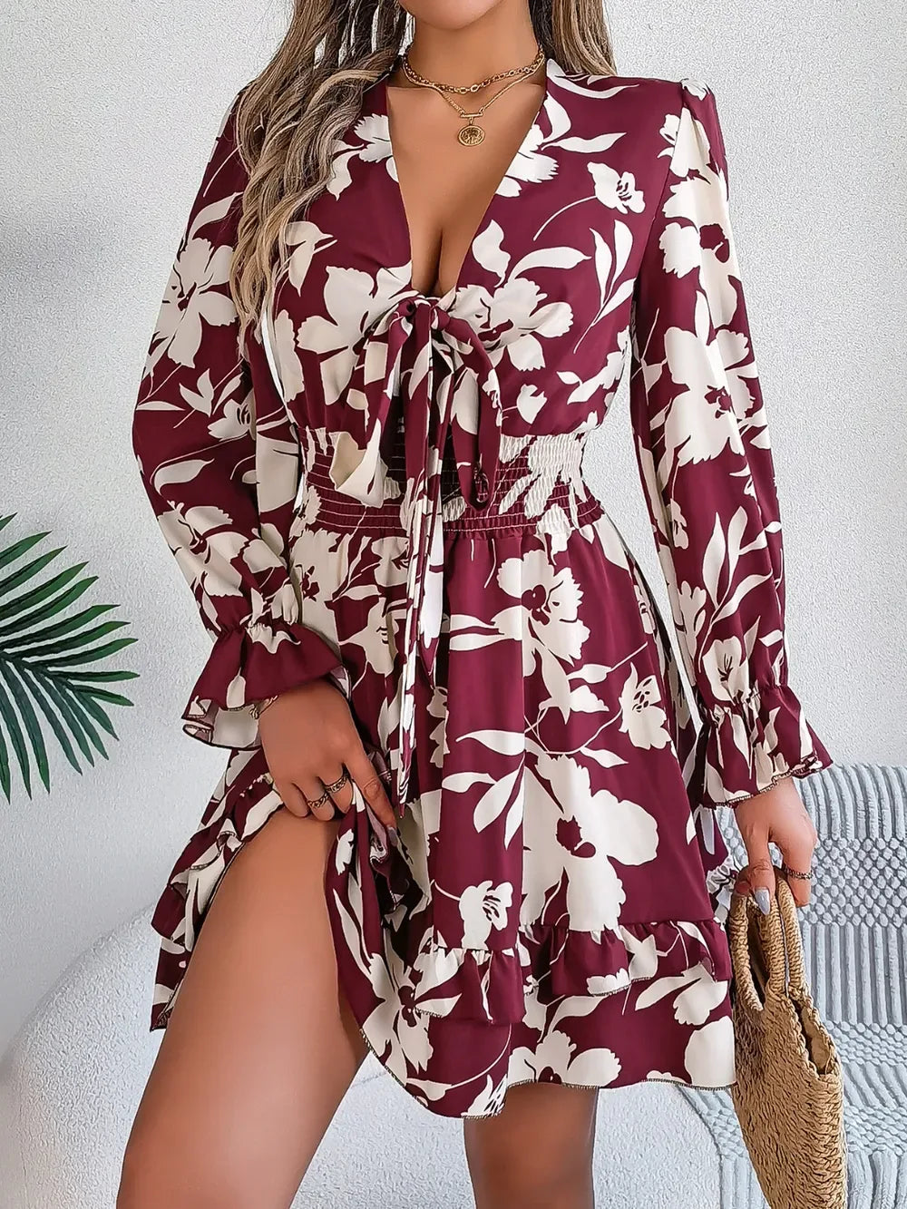 Floral Tie-Front Mini Dress - View 6 | TEVQA