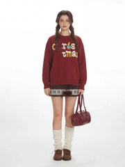 Festive Red Oversized Christmas Sweater with 3D Tree Pin - TEVQA