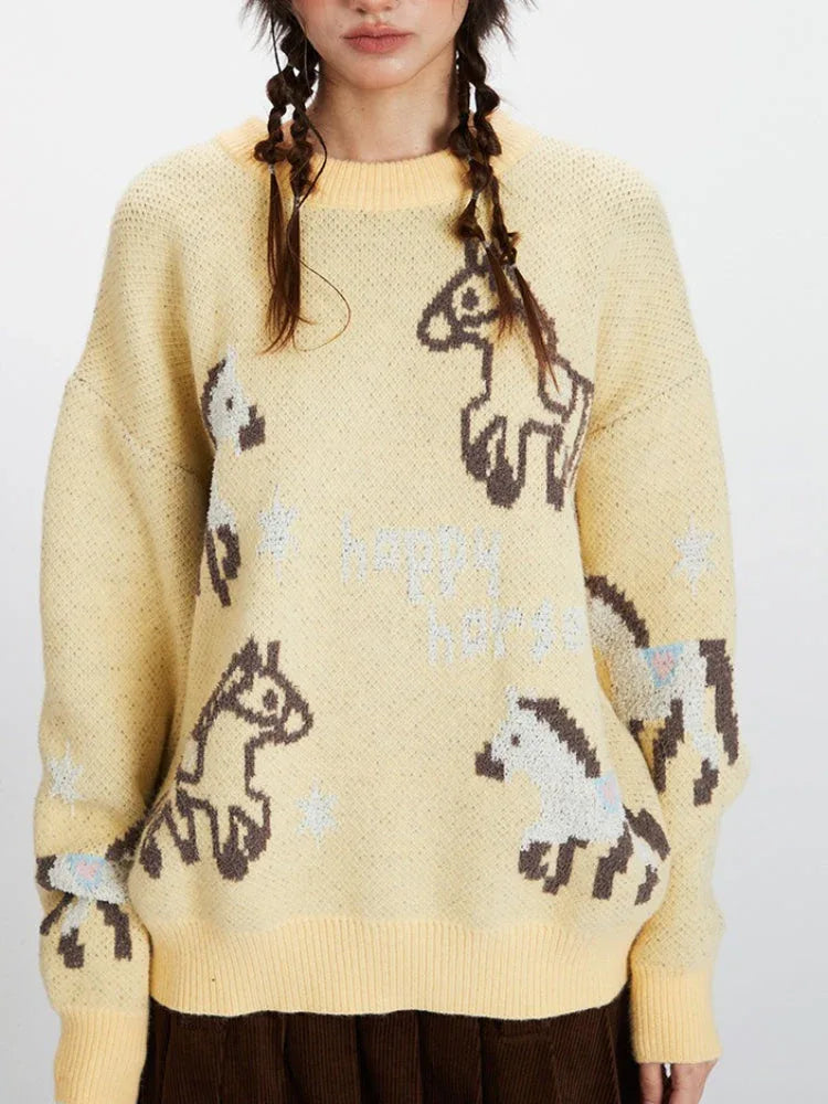 Vintage Yellow "Happy Horse" Knit Sweater - TEVQA