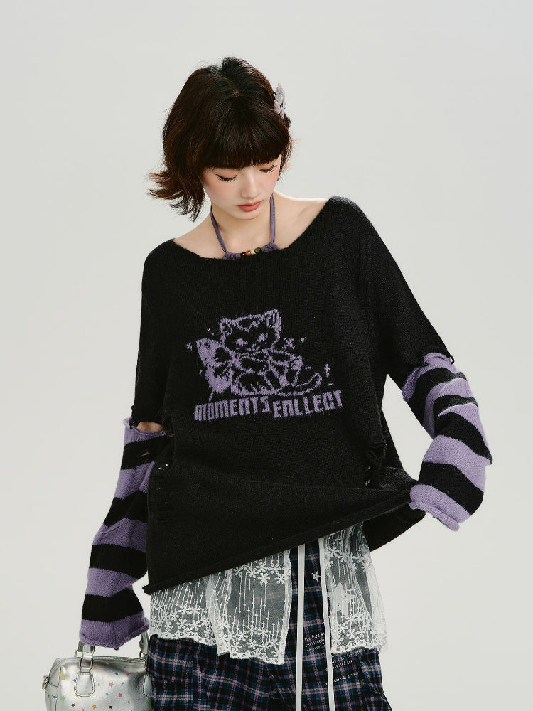 Model adjusting the sweater, revealing the layering underneath