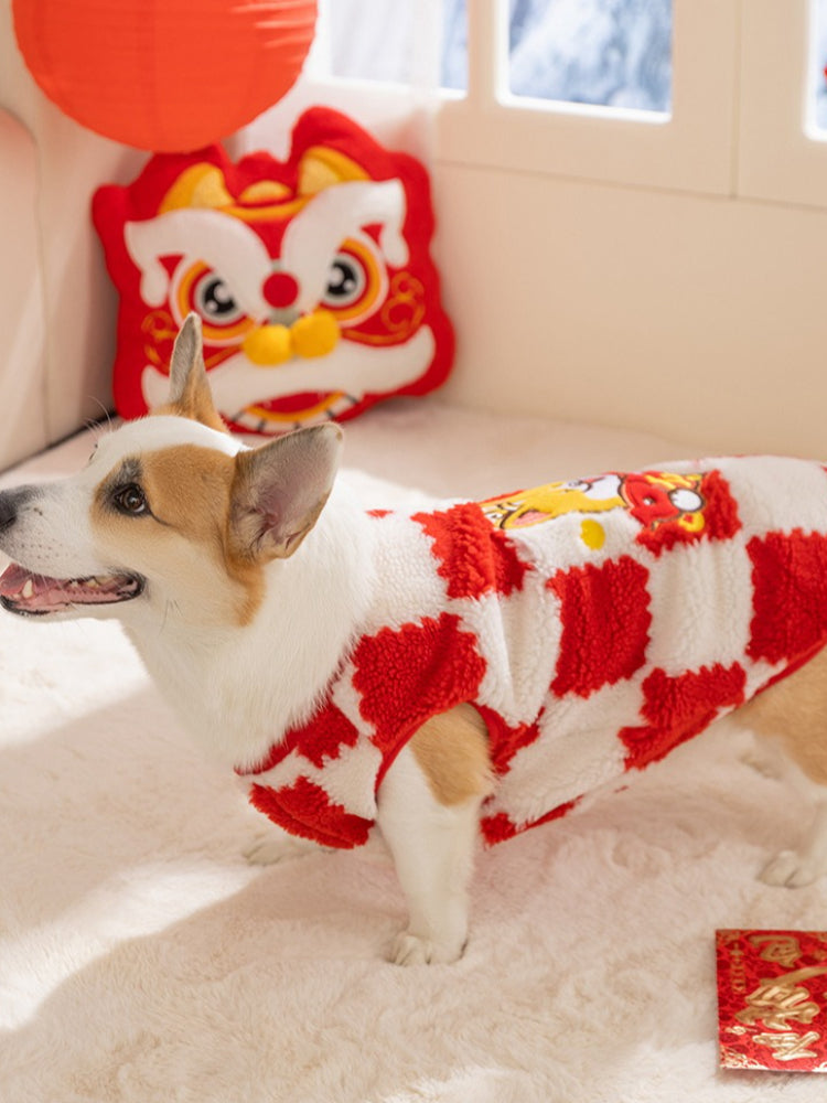 Red checkerboard dog fleece vest with Corgi and Koi fish embroidery - View 6 | TEVQA