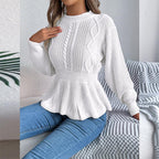 White Cable Knit Peplum Sweater - TEVQA
