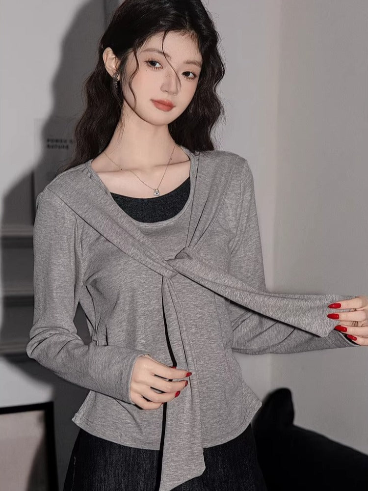 Faux Layered Tie-Neck Knit Top - View 6 | TEVQA