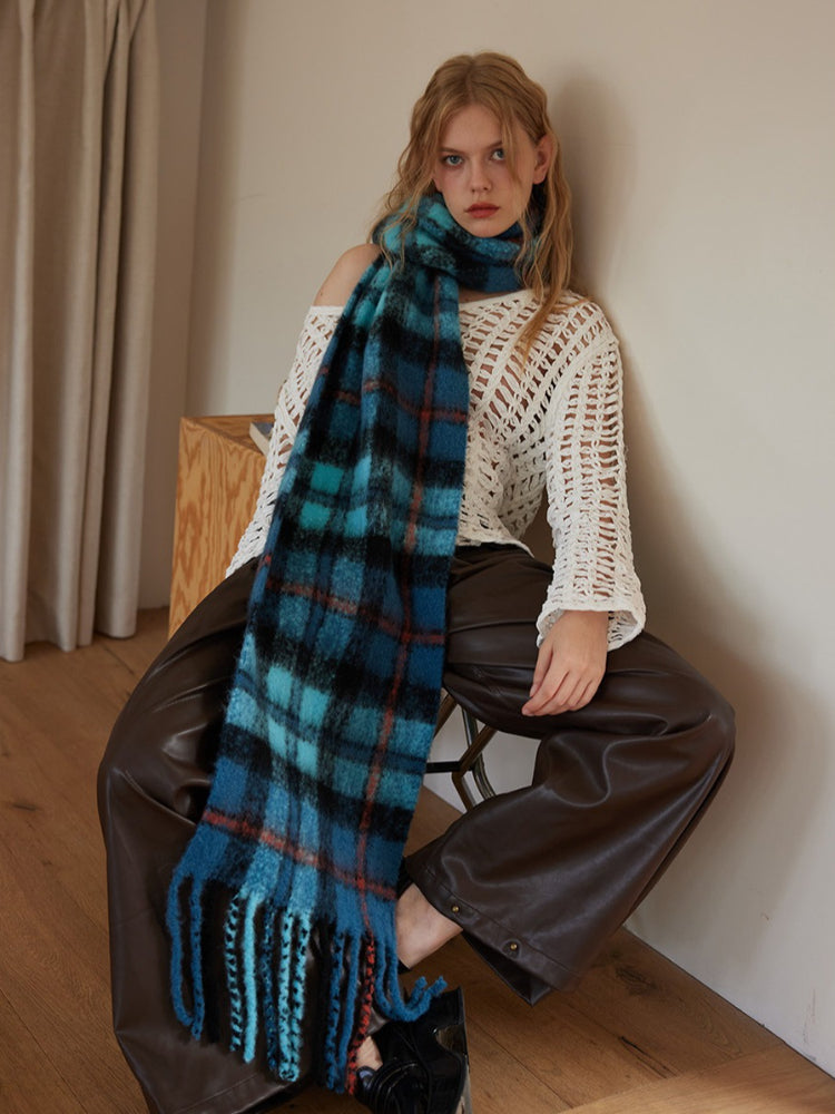 Acubi Style Blue & Teal Plaid Scarf