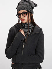 Charcoal Grey Textured Fleece Zip-Up Hoodie - TEVQA