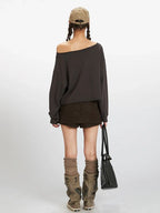 Vintage Charcoal Distressed Off-Shoulder Sweatshirt - TEVQA
