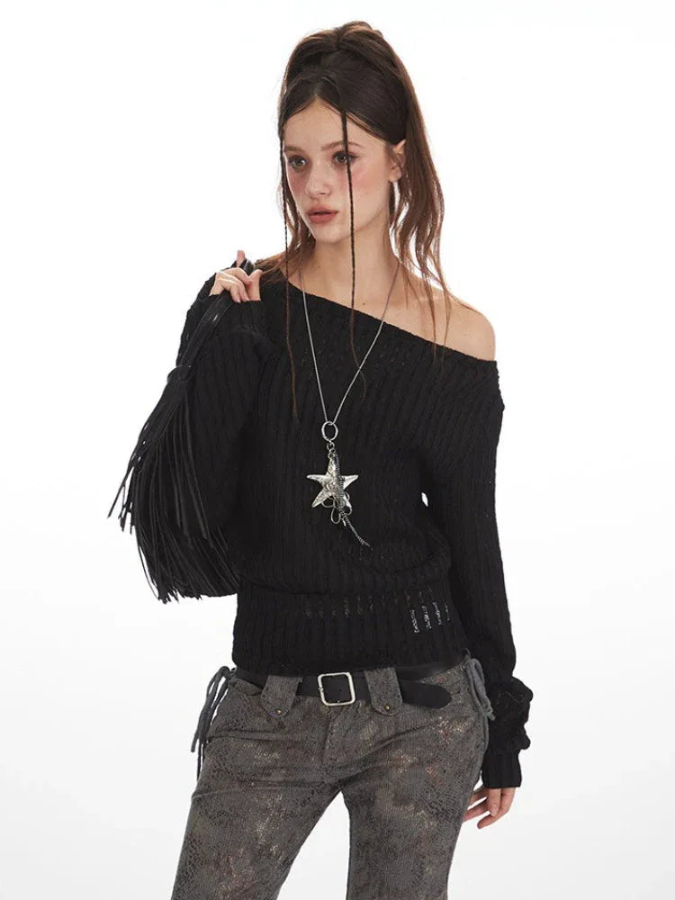 Vintage Black Textured Off-Shoulder Slouchy Top - TEVQA