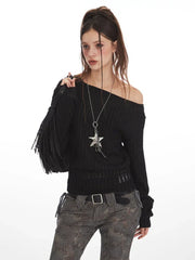 Vintage Black Textured Off-Shoulder Slouchy Top - TEVQA