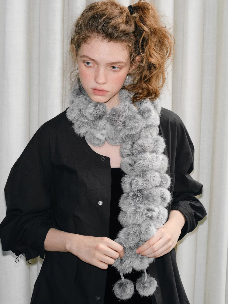Light Grey Rabbit Fur Pom Pom Scarf