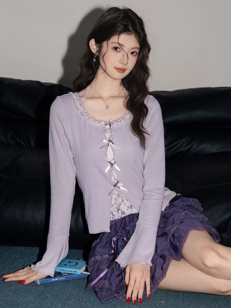 Lilac lace trim knit top with bows - View 6 | TEVQA