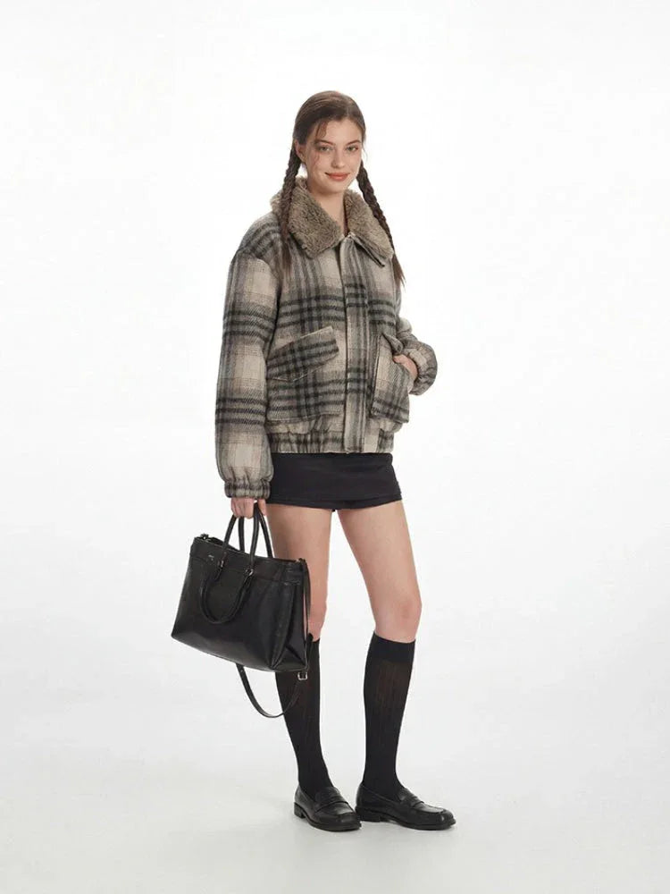 Vintage Plaid Faux Shearling Bomber Jacket - TEVQA