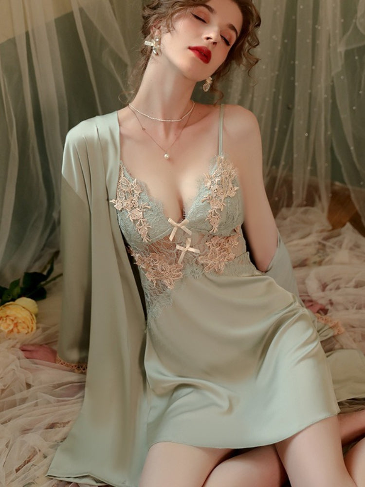 Sage Green Satin Lace Nightgown & Robe Set