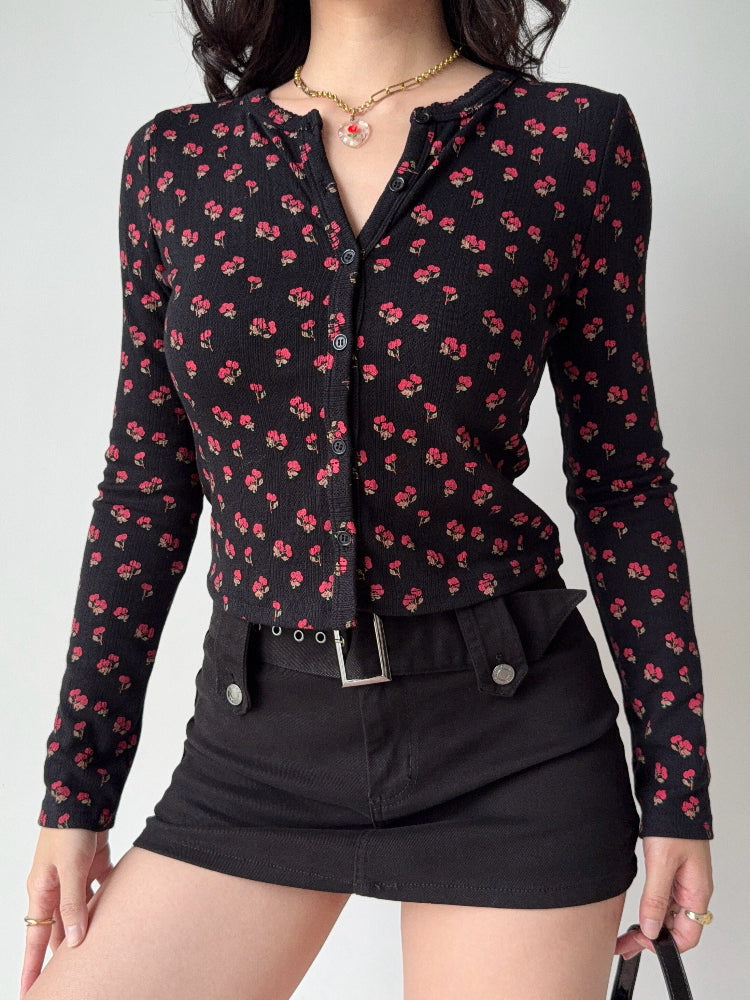 Vintage Floral Ribbed Knit Button-Up Cardigan