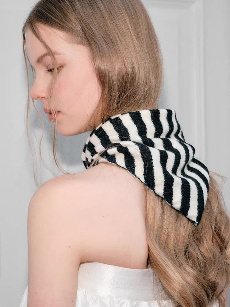 Black White Striped Knit Wool Blend Triangle Scarf