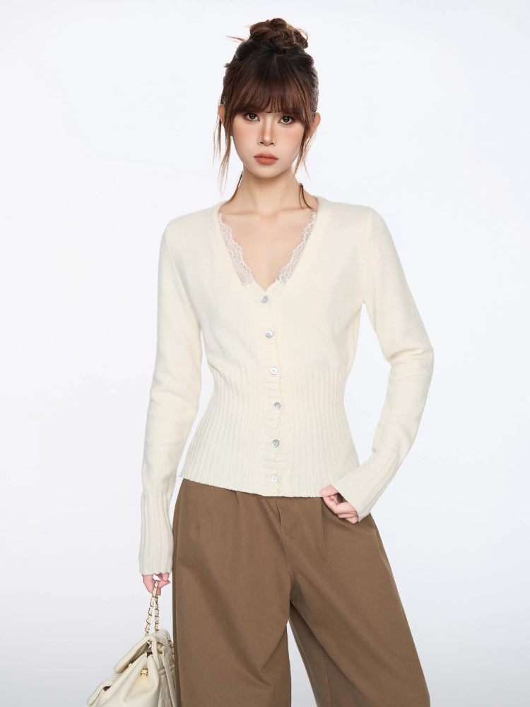 White Lace Trim V-Neck Knit Cardigan Slim Fit Top