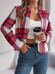 Chic Navy Blue Plaid Cropped Jacket