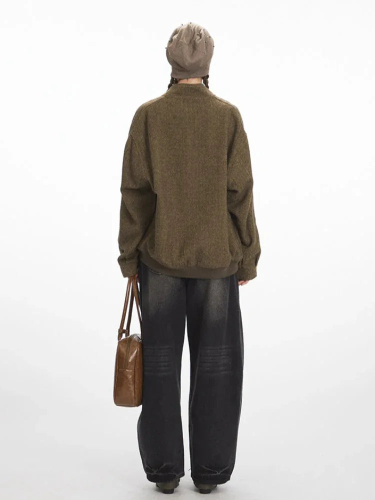 Vintage Herringbone Tweed Zip Jacket - TEVQA