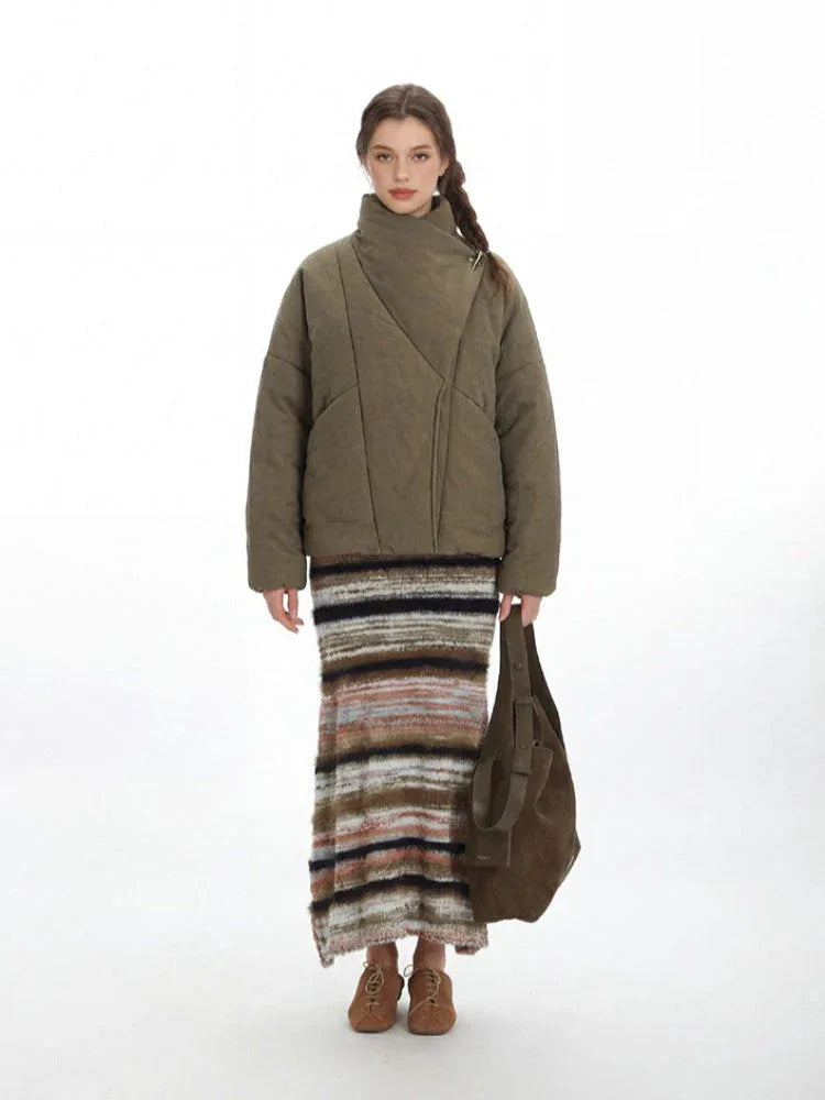 Vintage Olive Asymmetric Stand Collar Padded Jacket - TEVQA