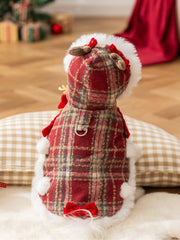 Red Plaid Christmas Pet Cape with Reindeer & Hood