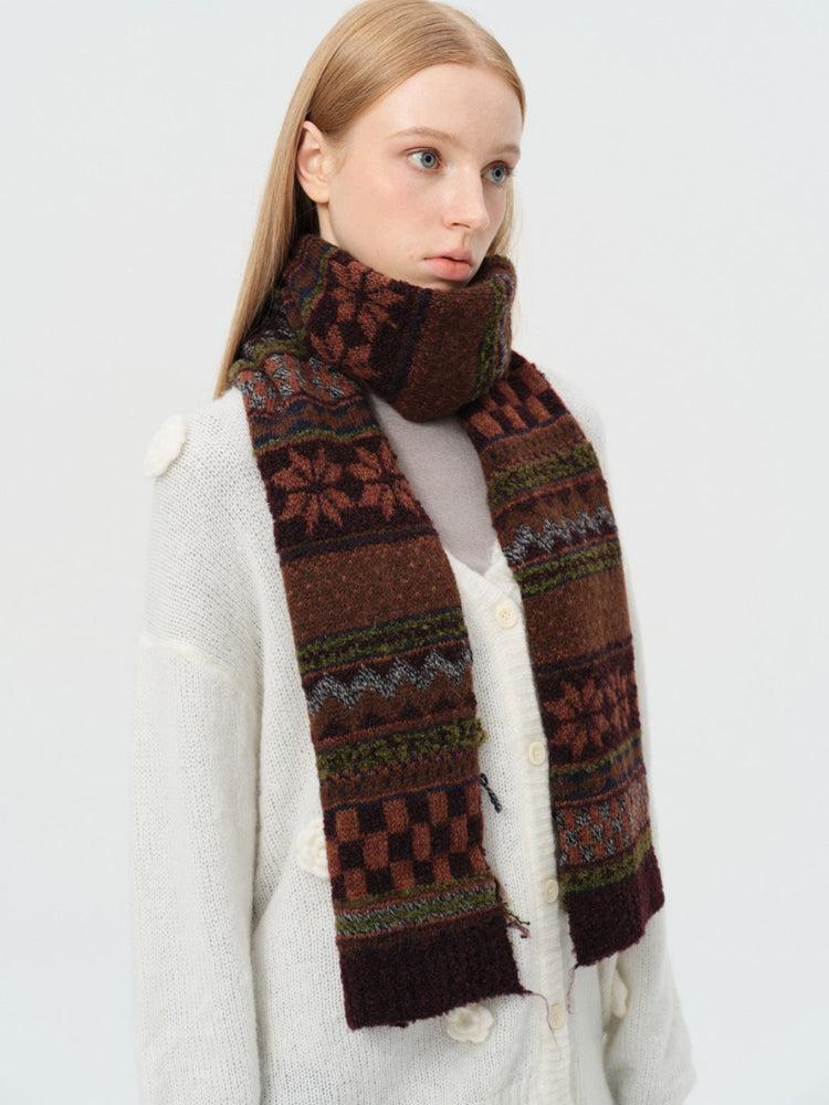 Vintage Fair Isle Jacquard Knit Scarf Wool Blend Raw Edge - Brown Pattern