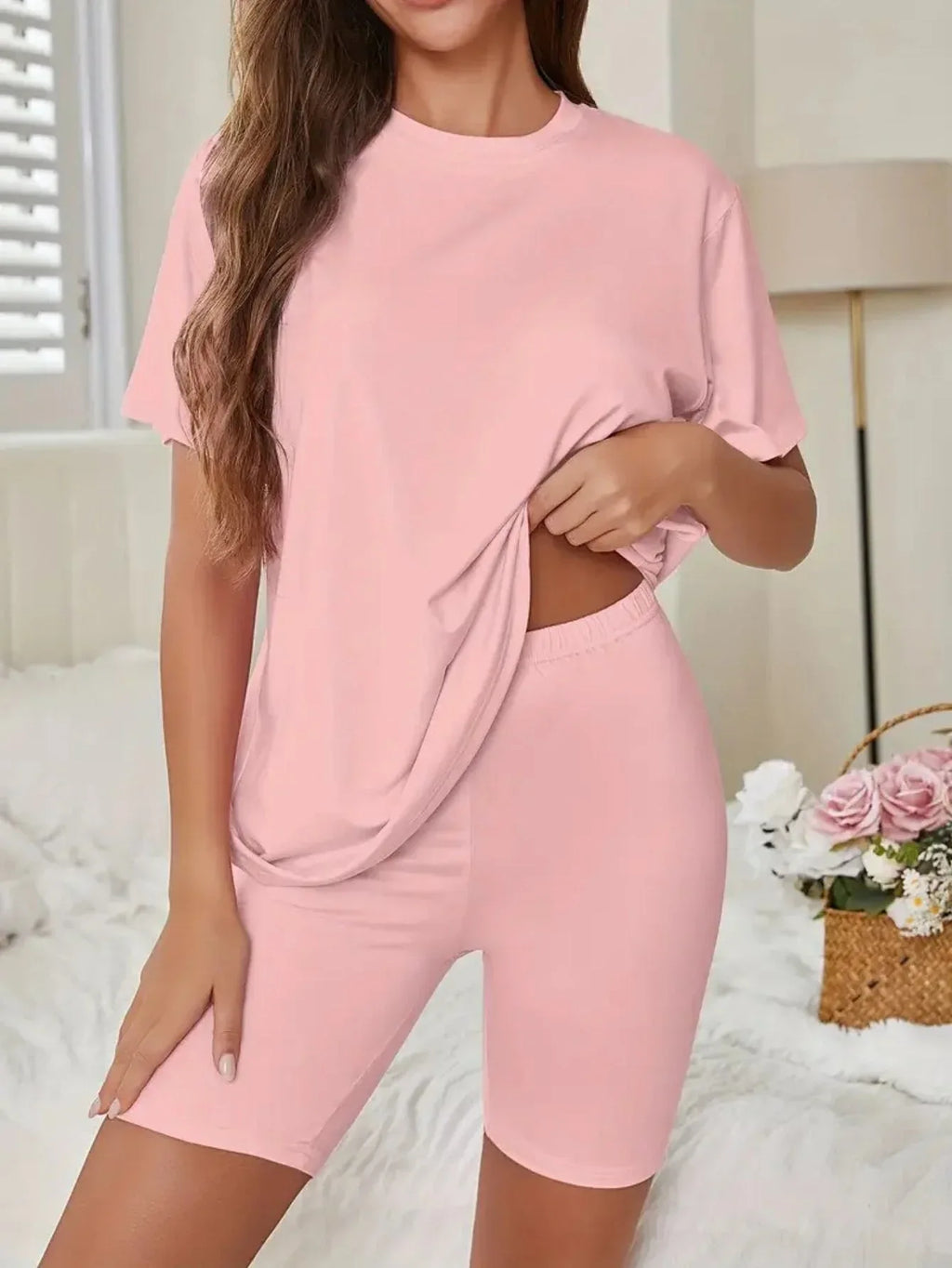 Oversized crew neck t-shirt and biker shorts lounge set - View 6 | TEVQA