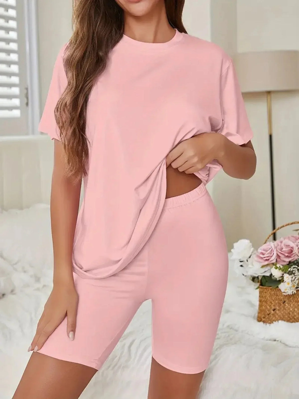 Oversized crew neck t-shirt and biker shorts lounge set - View 6 | TEVQA