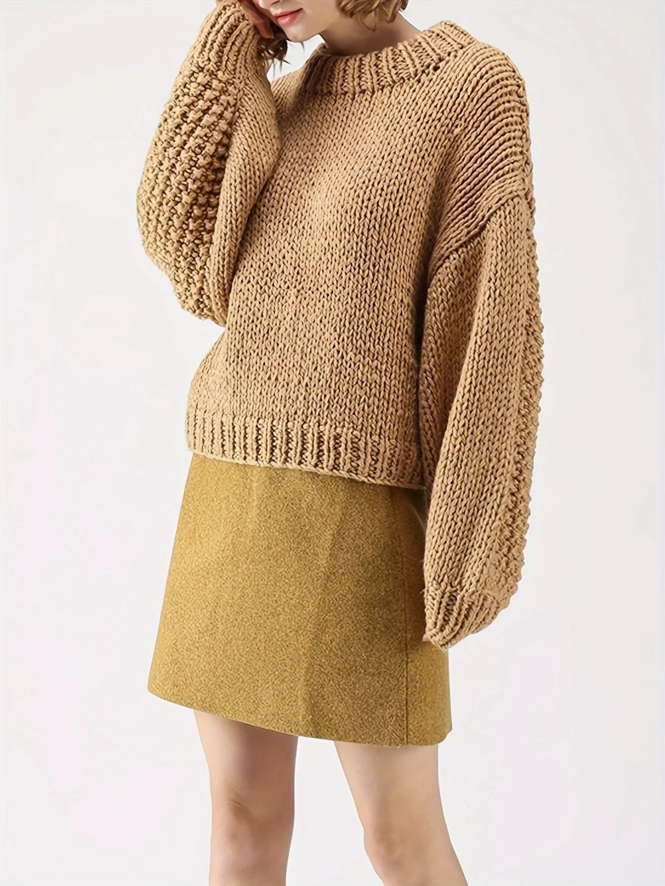 Vintage Mustard Chunky Knit Lantern Sleeve Sweater - TEVQA