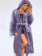 Hooded Faux Fur Long Coat - View 8 | TEVQA